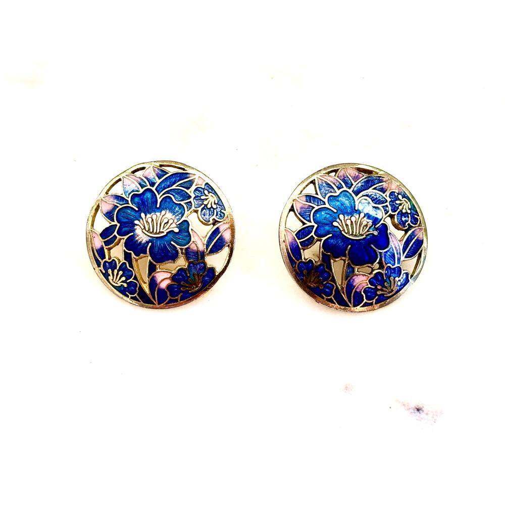 Gold Tone Blue Floral Enamel Cloisonné Post Earrings
